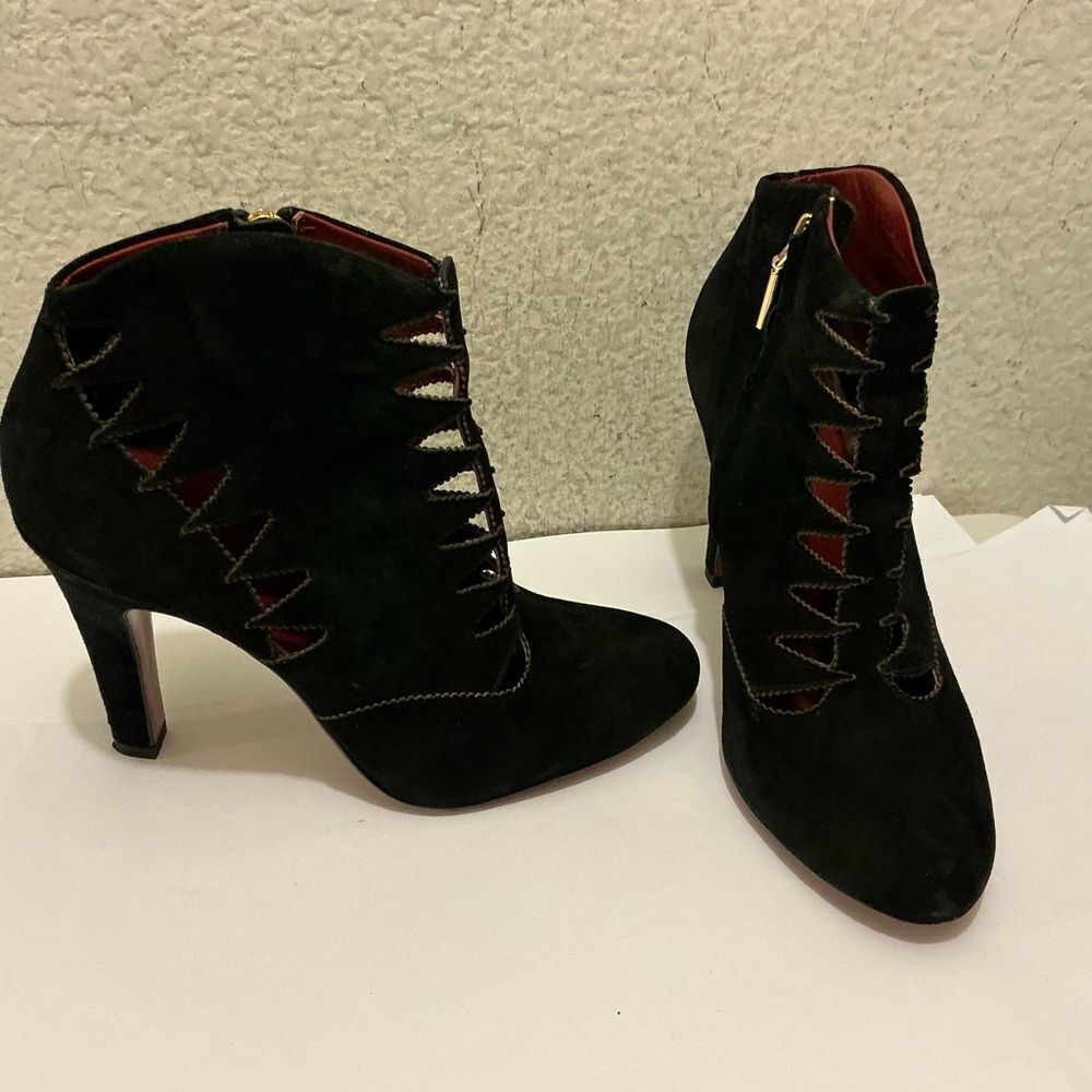 Aerin Black Laser Cut Suede Heeled Boots View 2